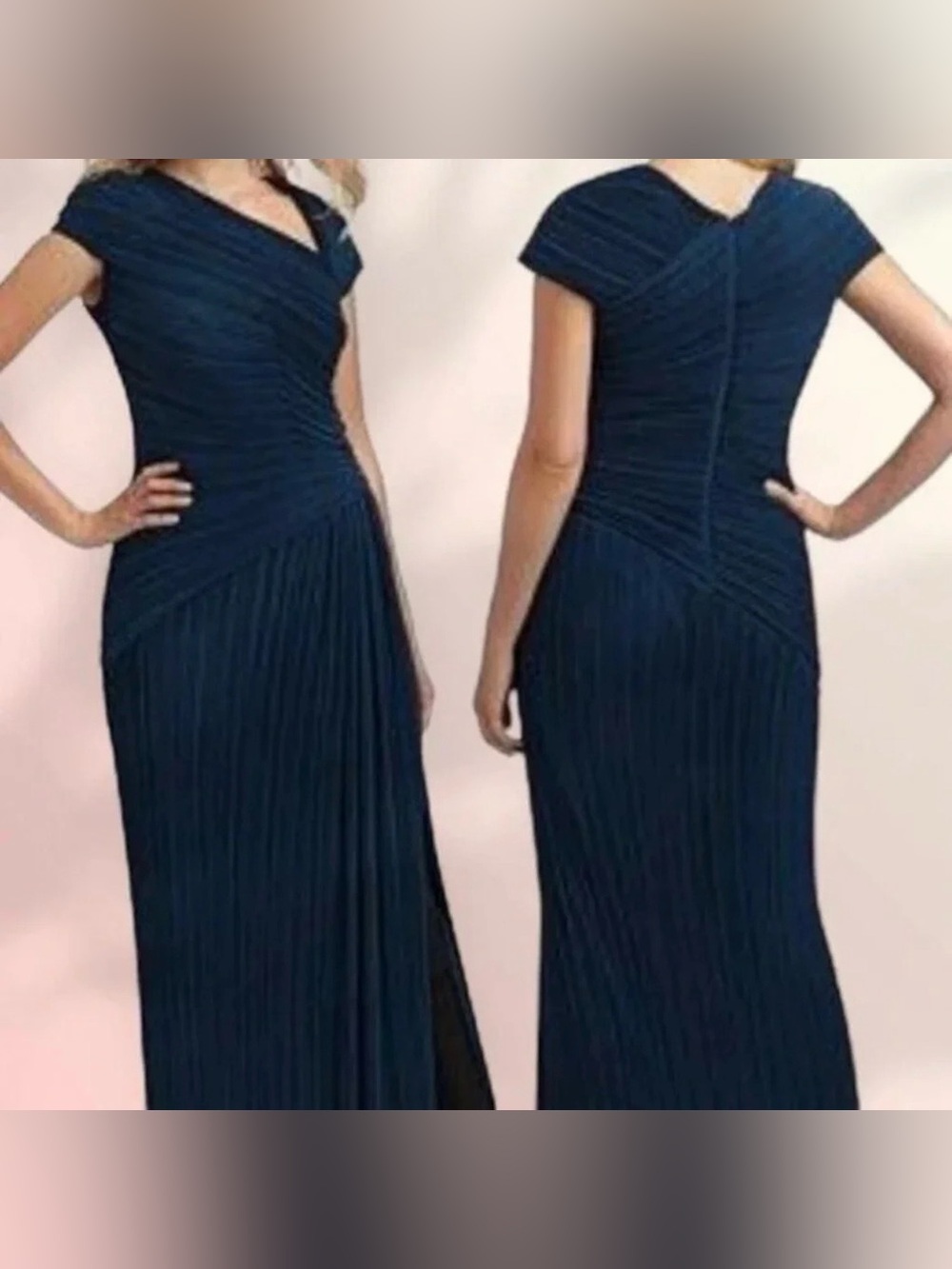 Tadashi Shoji Navy Asymmetrical Pleated Chiffon Gown with draped bodice